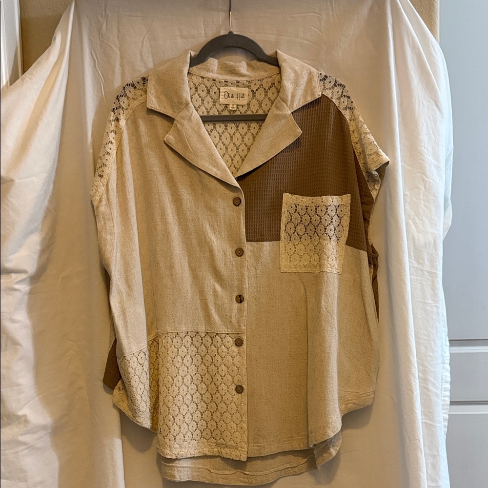 Neutral Patchwork Button-Up Shirt in Beige and Brown